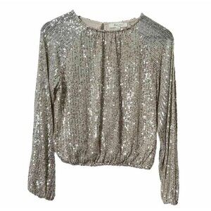 Haver  Blair Silver Sequin Sparkling Long Sleeve Top Holiday Party XS